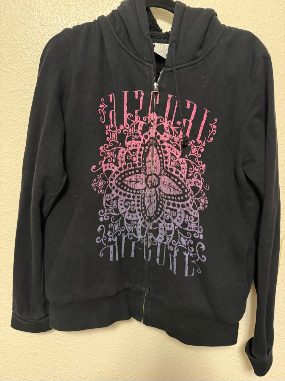 Rip Curl‎ Black Zip-Up Hoodie with Pink and Purple Graphic